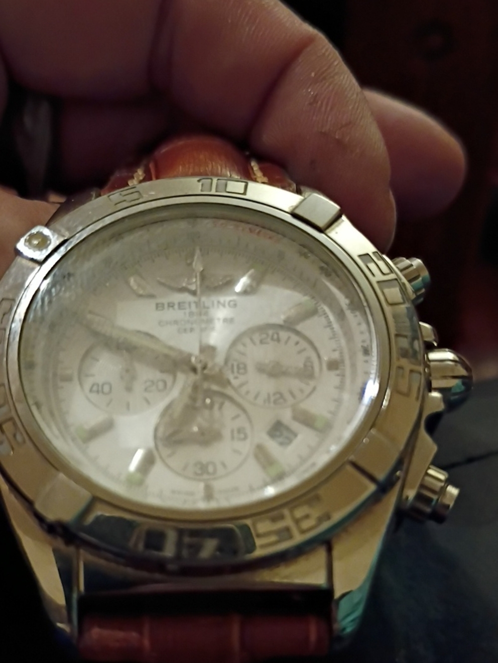 Breitling Silver and White Chronograph with Brown Leather Strap